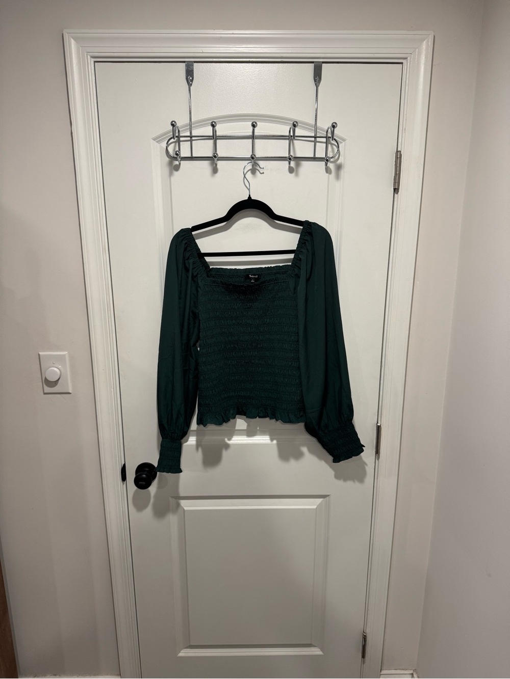 Madewell Dark Green Smocked Square-Neck Long Sleeve Top